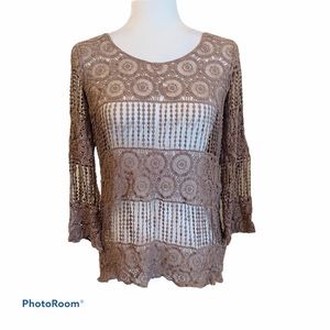 Dulcie Boho Crochet Lace Long Sleeve Top Tan Sz M
